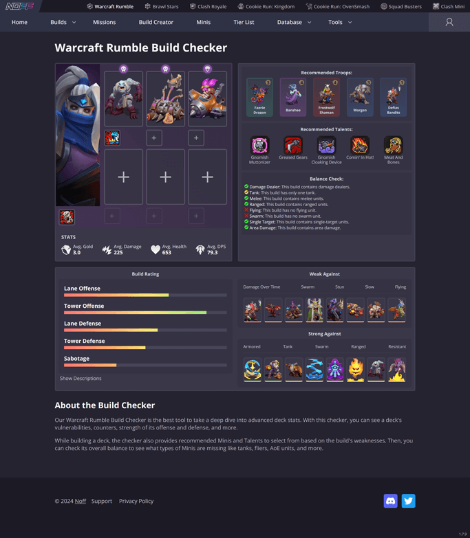 Warcraft Rumble Build Checker page on NOFF.GG