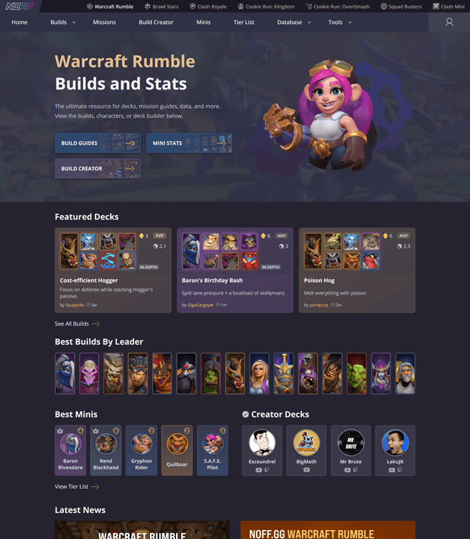 Home page of the Warcraft Rumble site on NOFF.GG