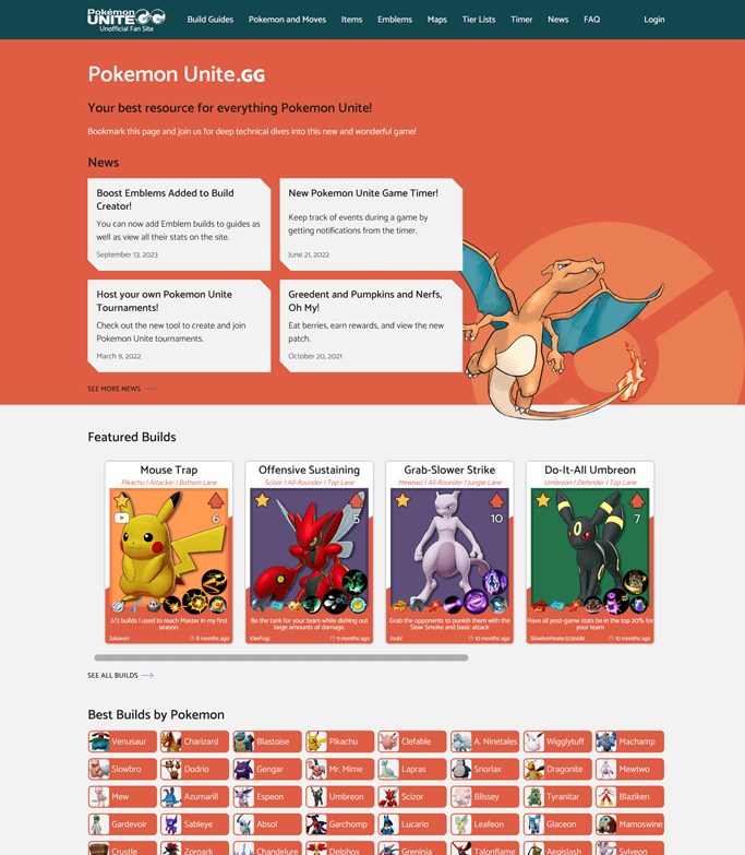 Home page of Pokemon Unite .GG