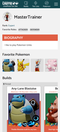 Profile page of Pokemon Unite .GG