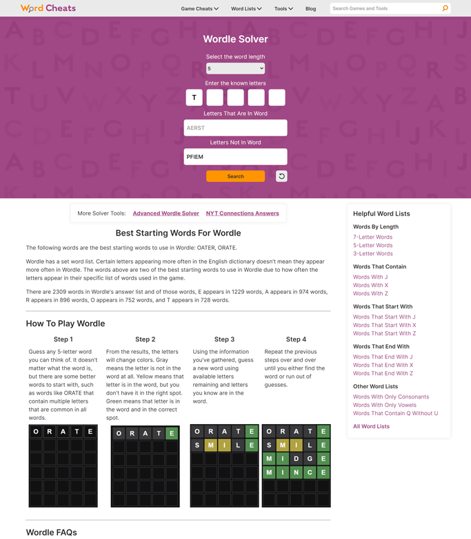 Wordle Solver page on Word Cheats