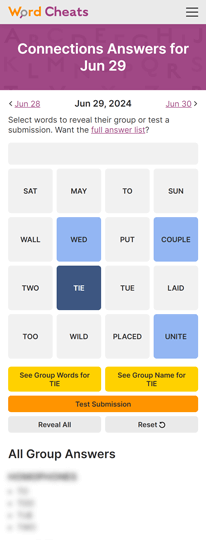 NYT Connections Answer page on Word Cheats