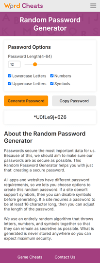 Password Generator page on Word Cheats